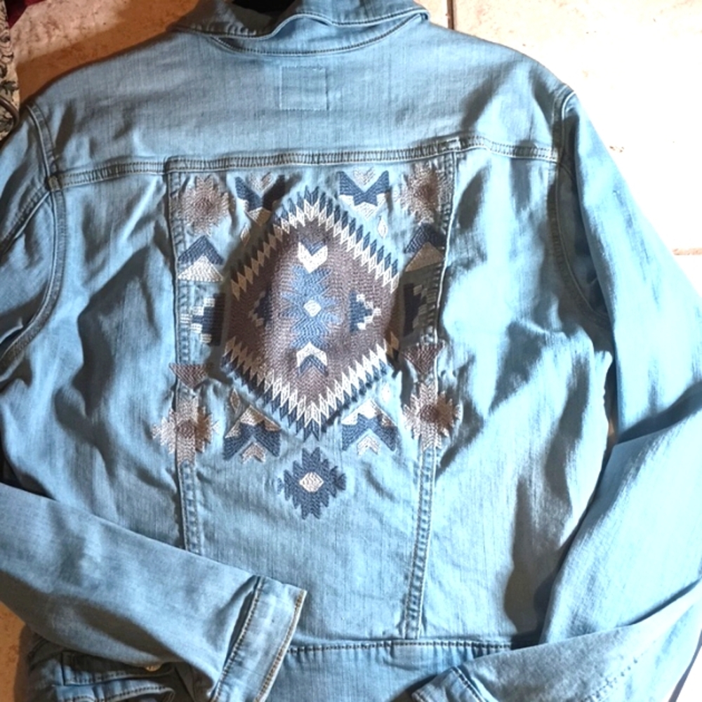 LulaRoe denim Aztec print cottage core  jacket xl crosstiched
